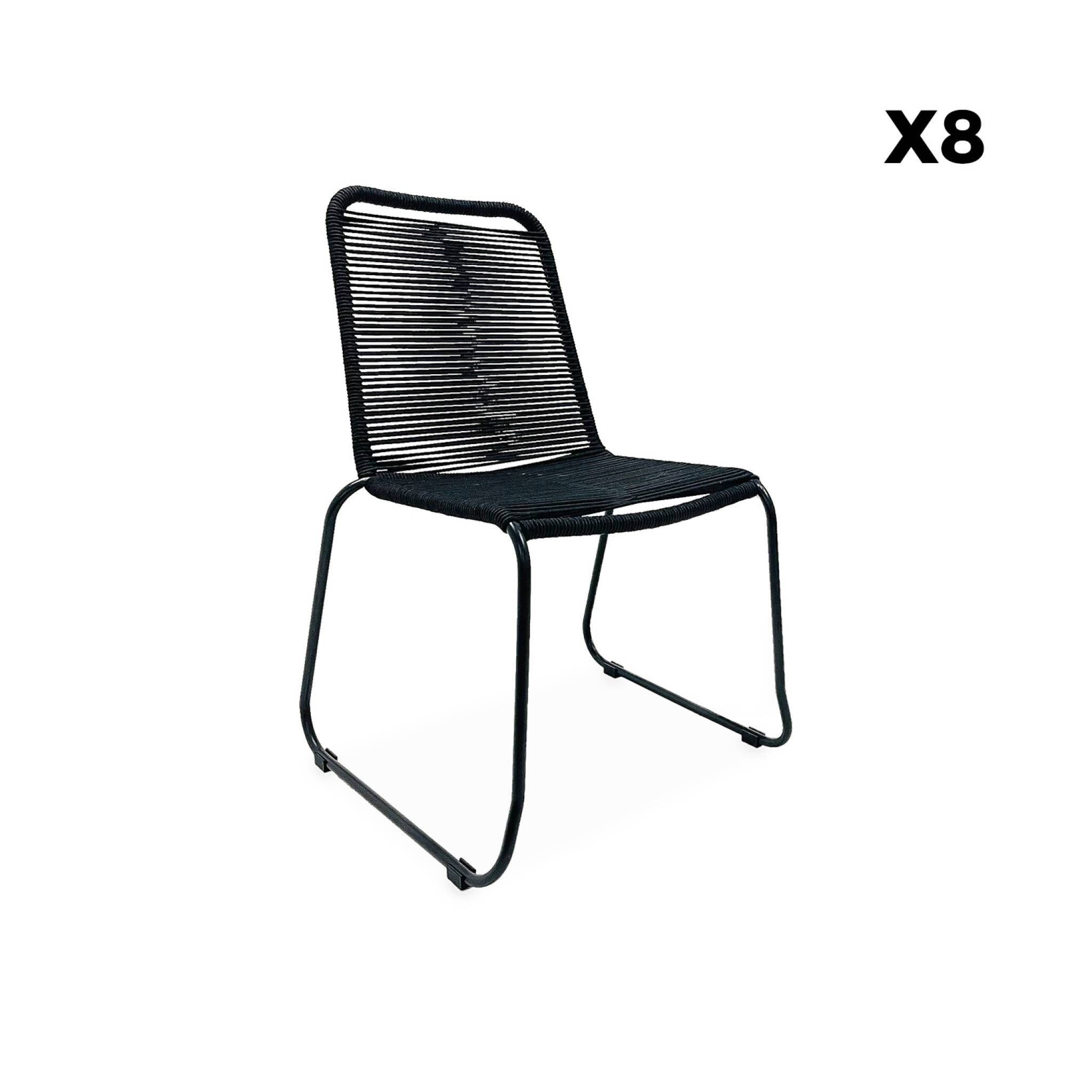 Table intérieur/extérieur 8 places en teck recyclé. Jayapura. 220x100x76cm + 8 chaises en corde brasilia noir . Empilables