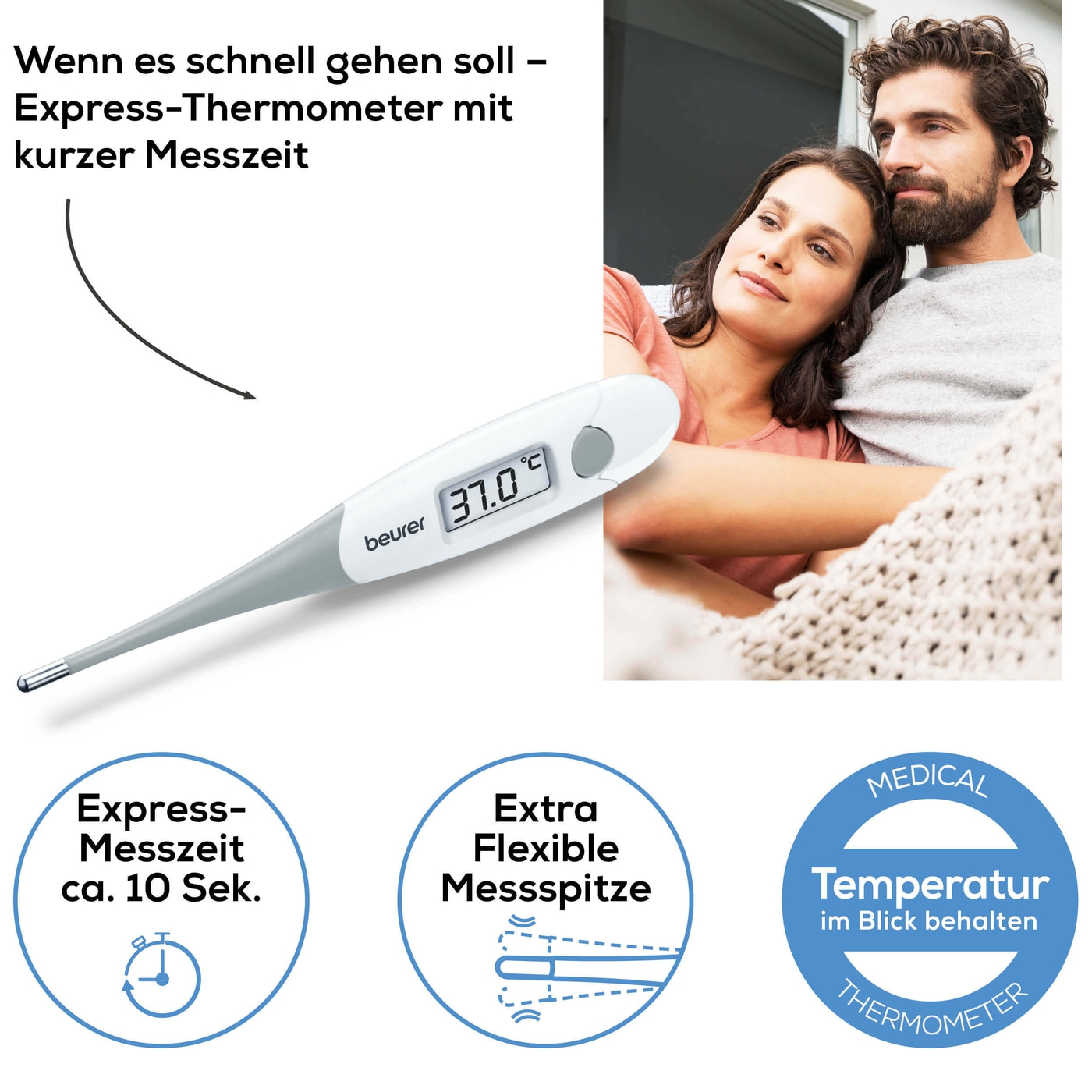FT 15/1 Express Thermometer Fieberthermometer Temperatur Messgerät (°C/°F) inkl. Batterie (79410) - Weiss
