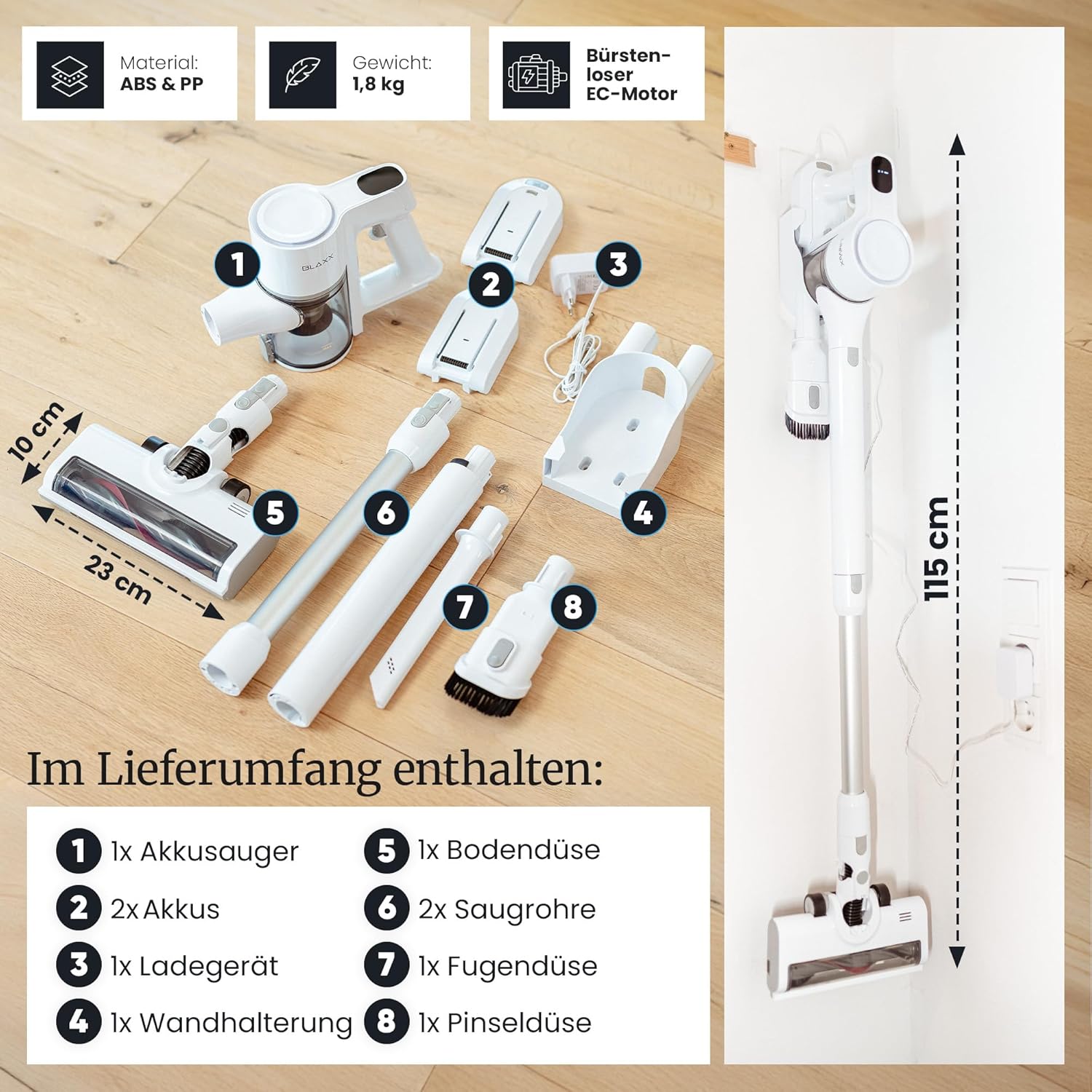 BLAXX LVX Akku Staubsauger kabellos – 60 Min Laufzeit, Akkustaubsauger mit 2 Akkus & Schnelllader, beutellos mit HEPA-Filter, leicht & leise, Smart Display, LEDs, Anti-Tangle-Bürste, Turbomodus