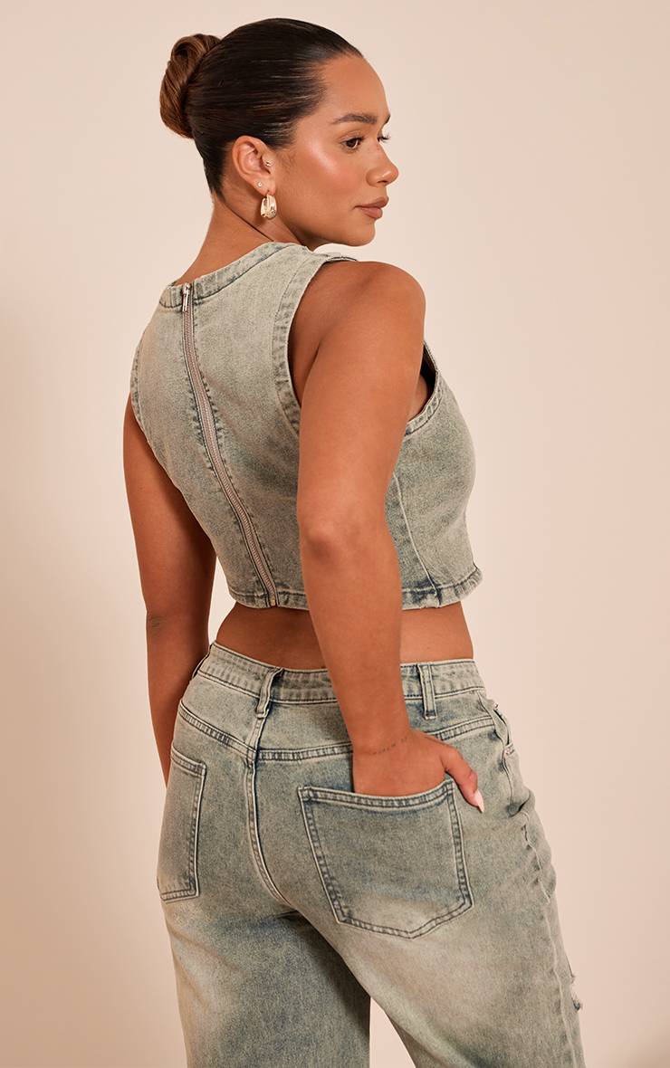 Indigo Vintage Wash Top Court Asymétrique En Denim Extensible Délavé Shape