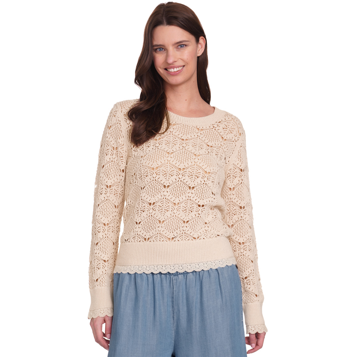 Gina Benotti Damen Strickpullover in Häkel-Optik beige