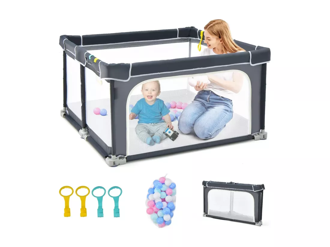 Parc Bébé Pliable 124 x124cm avec Hauteur Scientifique 70cm, Parc de Jeux en Tissu Oxford avec Maille Respirante, 50 Balles Océaniques, 4 Poignées pour Enfants de 10-72 Mois (Gris foncé)