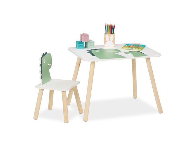 relaxdays Kindersitzgruppe Dinosaurier Grün; Hellbraun; Wei Set aus Kindertisch und Stuhl für Kleinkinder