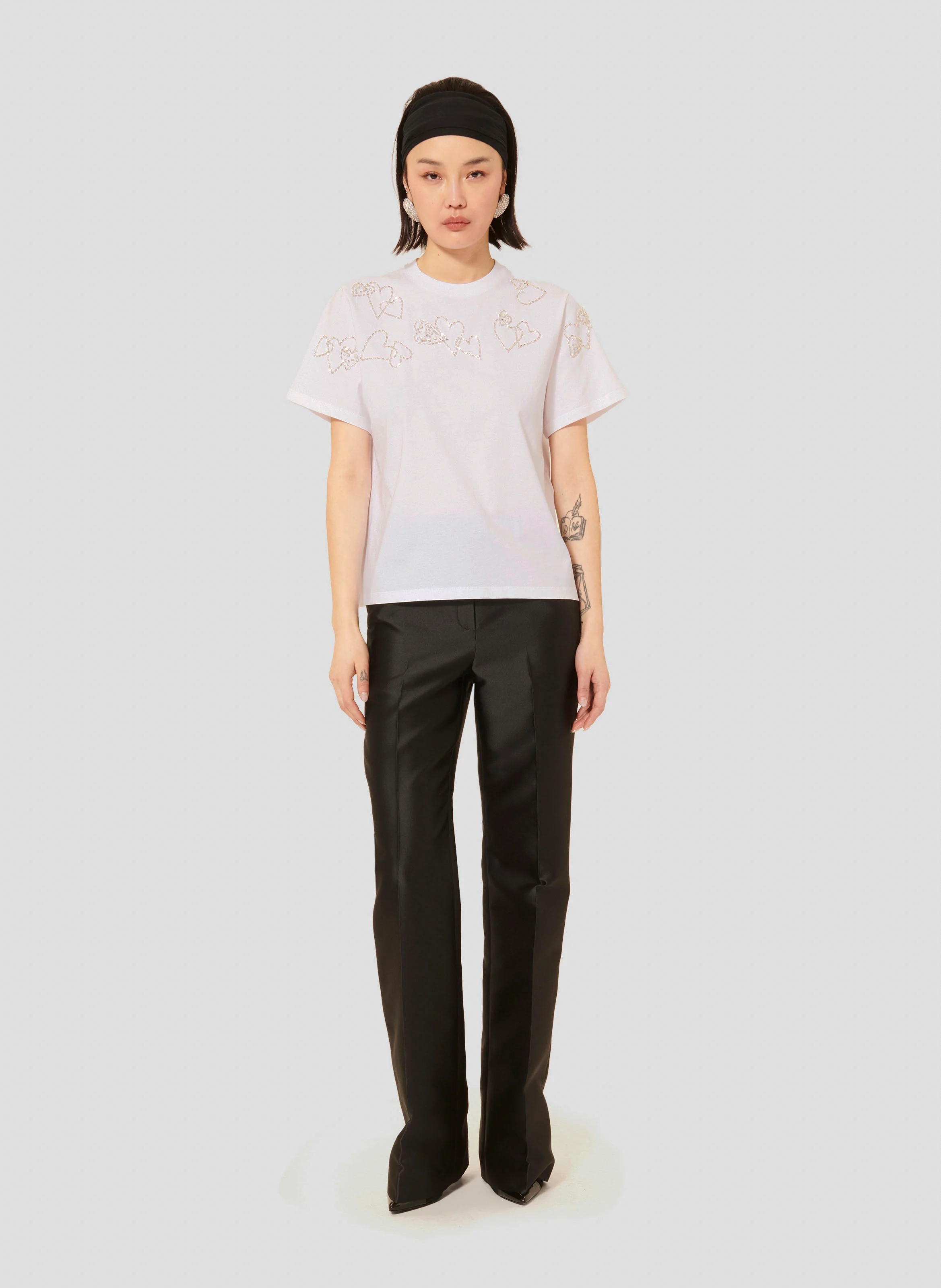 TARAMOUR - Tee-shirt col rond droit en coton brodé | Blanc