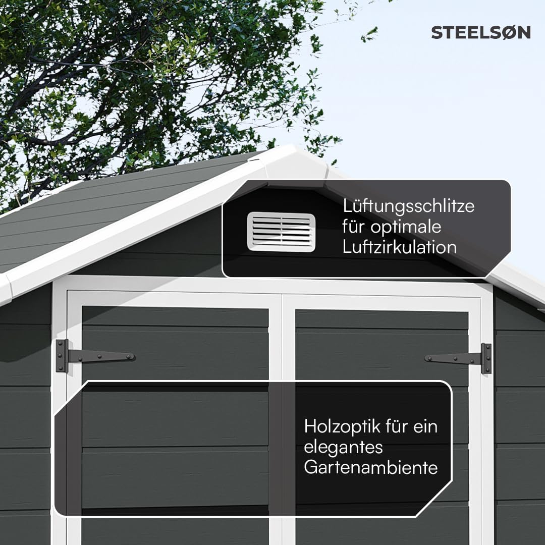 STEELSØN Novara Gerätehaus – Gartenschuppen mit Satteldach & Fenster – Gartenhaus 210x134x182 cm (HxTxB) – Geräteschuppen aus Kunststoff in Anthrazit – Gartenhütte wetterfest & rostfrei – Schuppen