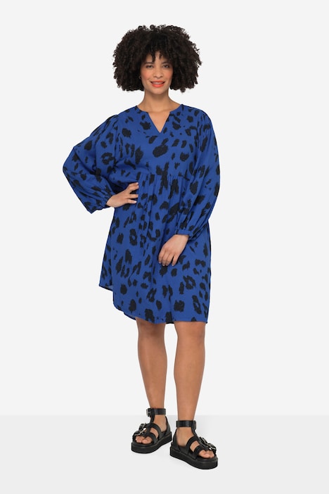 Musselin-Kleid, Leodruck, Tunika-Ausschnitt, weite Ballonärmel