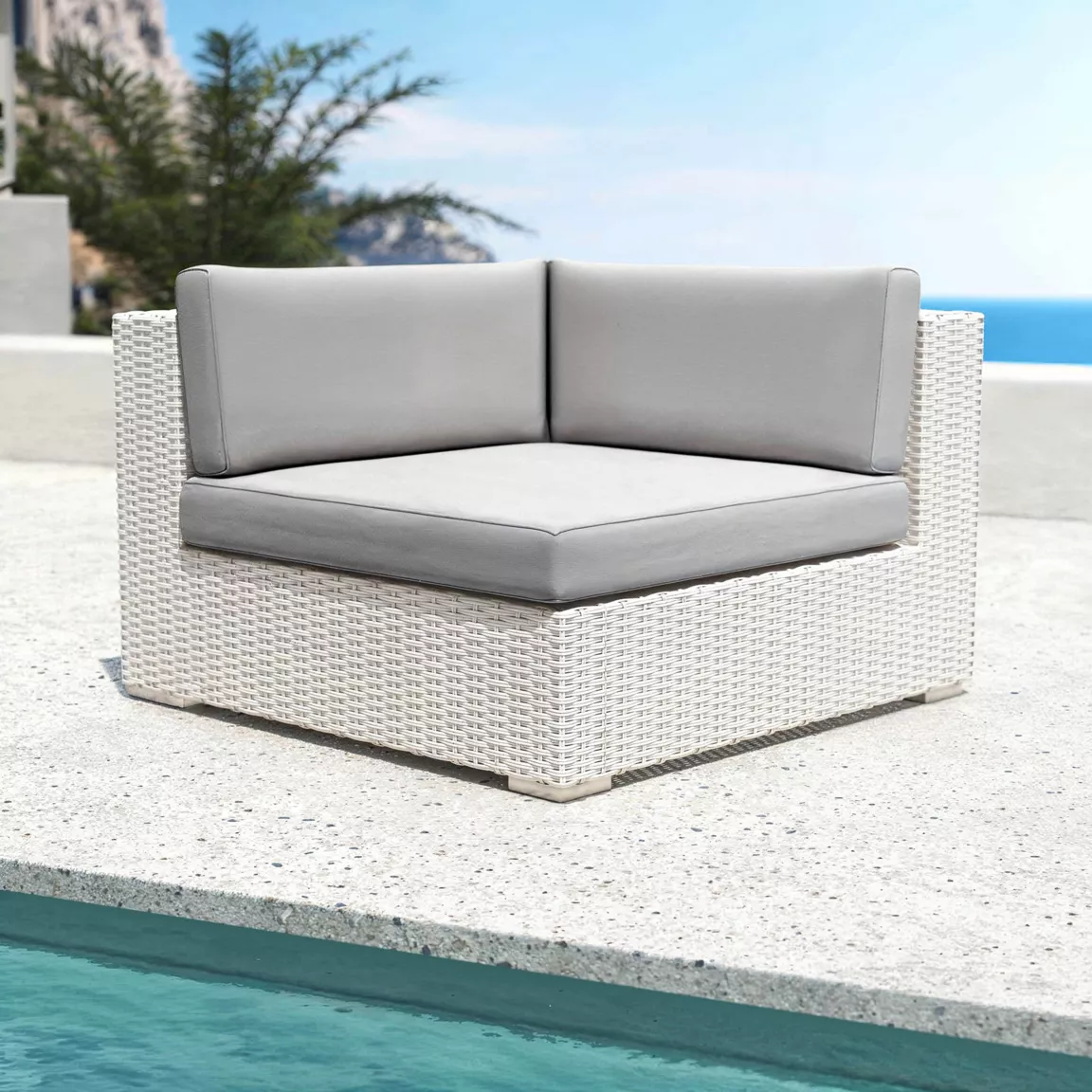 Fauteuil d'angle de jardin en résine tressée Palma Blanc et gris