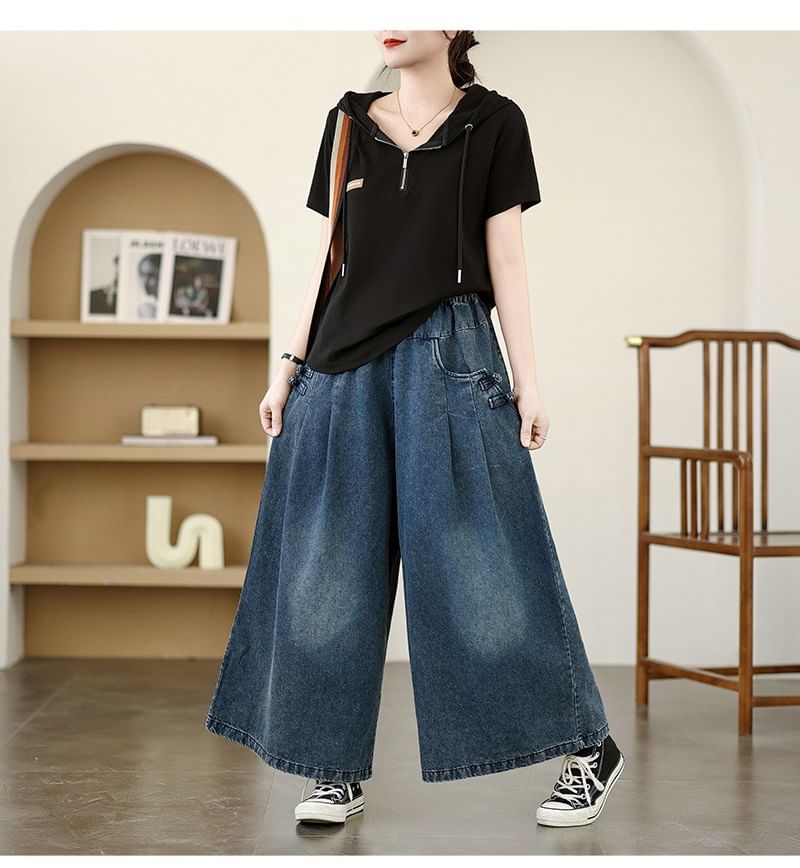 Lewwe - Elastische taille kikkerknoop gewassen denim culottes