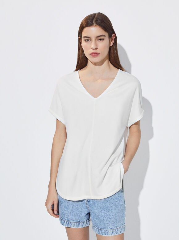 Camiseta básica com decote em V - Off-White