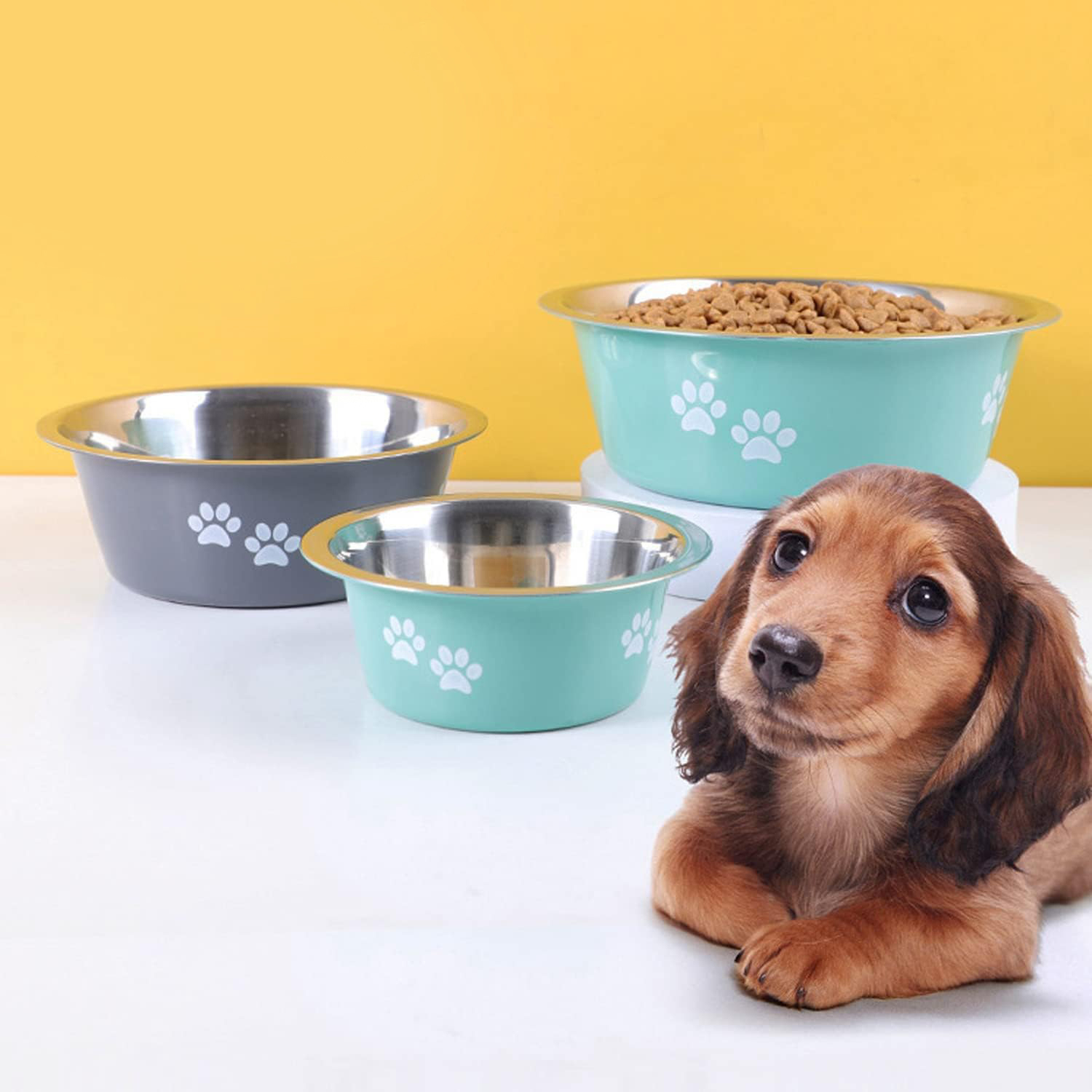 (2er Set) Edelstahl Haustier Futternapf Rutschfester Fress Napf Wasser Schale für Katzen / Hunde - Grau / Mint