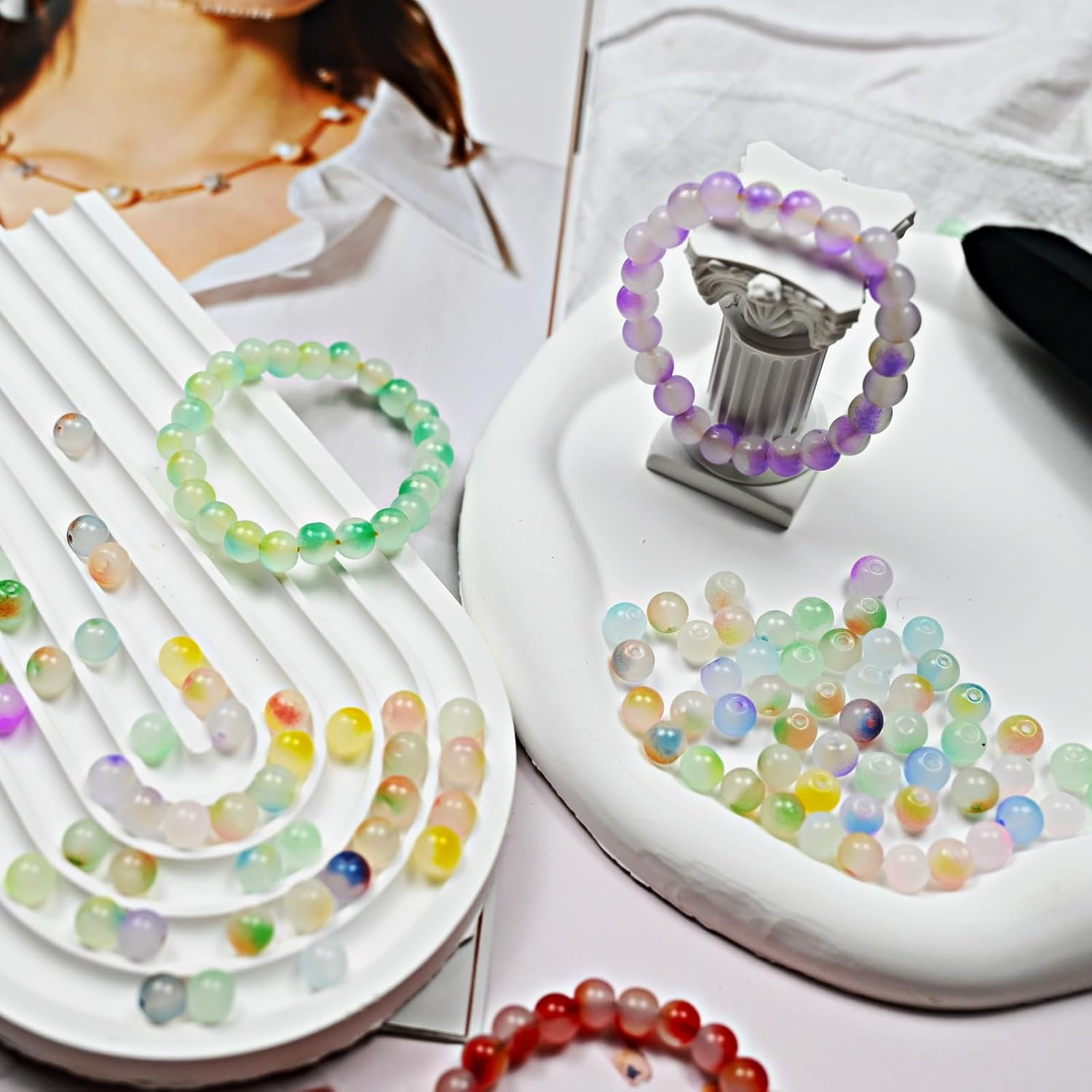 (100er Set) 8mm Glas Perlen DIY Bastel Schmuck Runde Zwischenperle für Armband / Kette - Assortiert