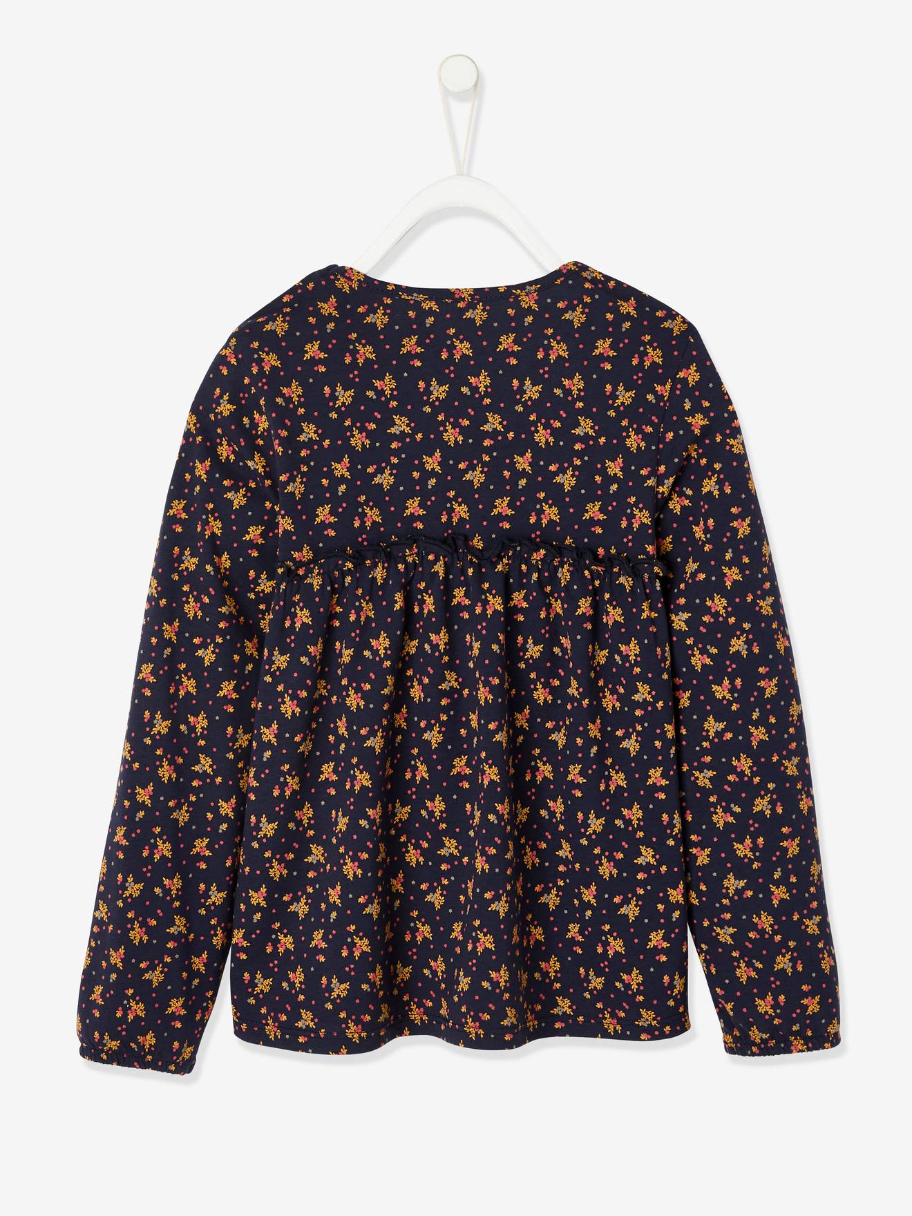 Blusa estampada floral para meninas, azul escuro
