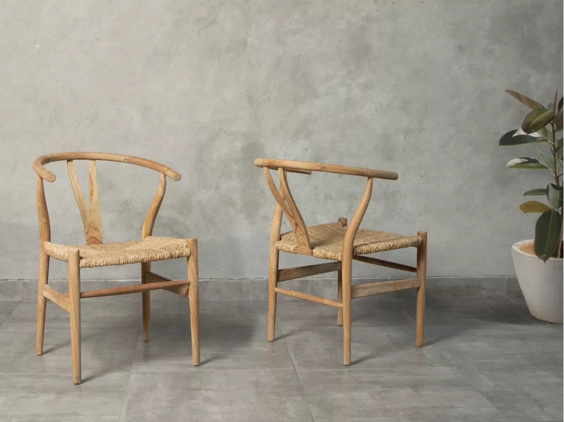 Lot de 2 chaises en teck et paille - Naturel - POGIANA