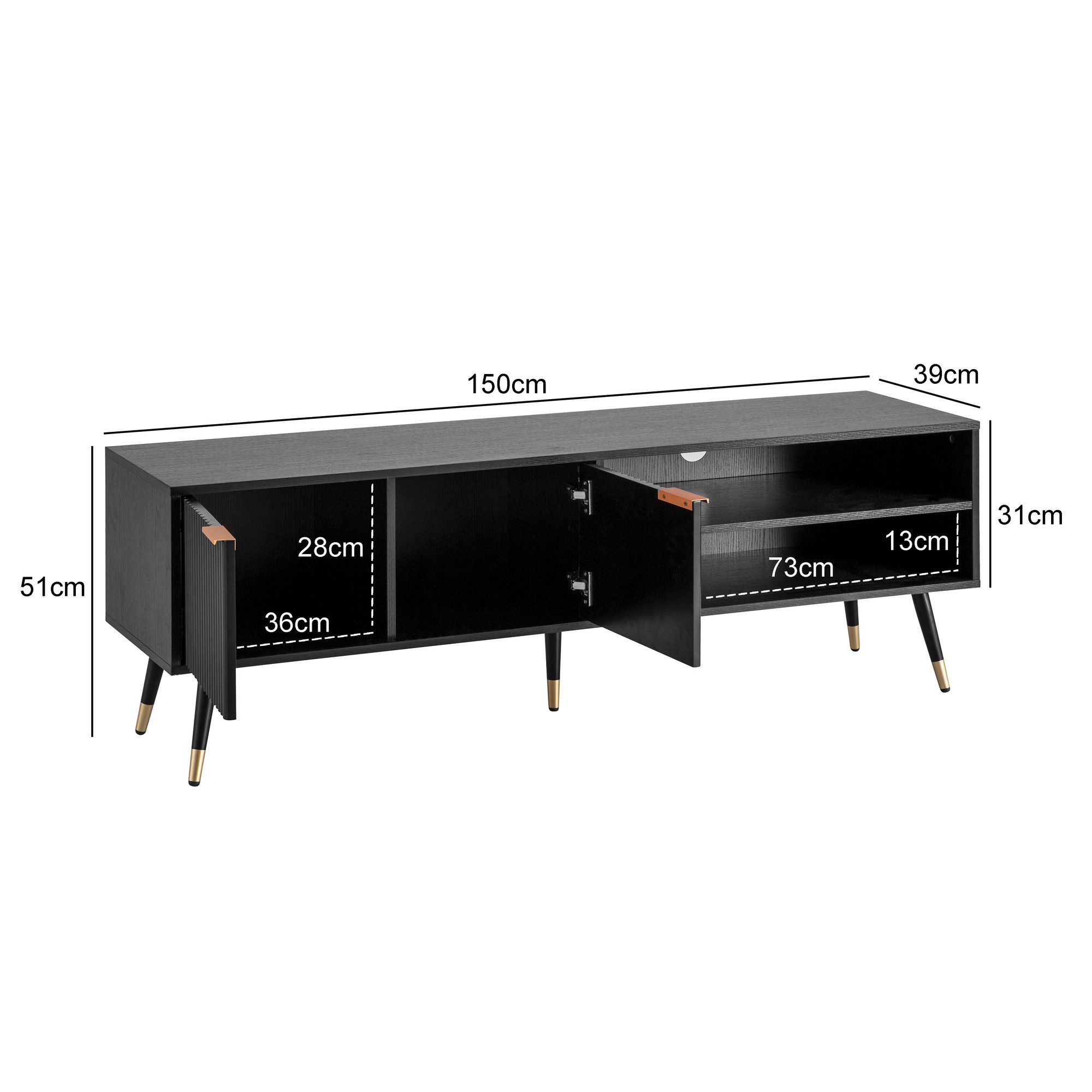 Lowboard FineBuy TV Schrank 150 cm Schwarz Türen Fernsehkommode Eiche Modern