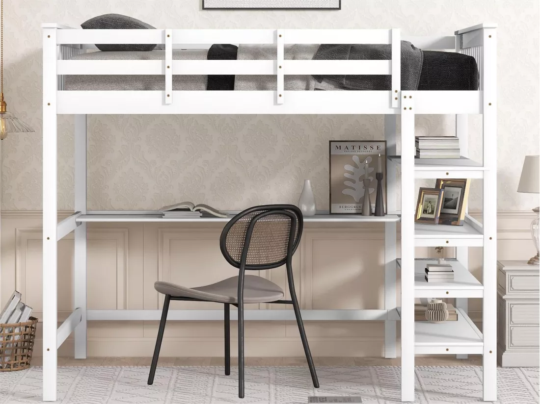 Lit mezzanine 140 x 200 cm - bureau + étagères de rangement - pin et MDF - blanc