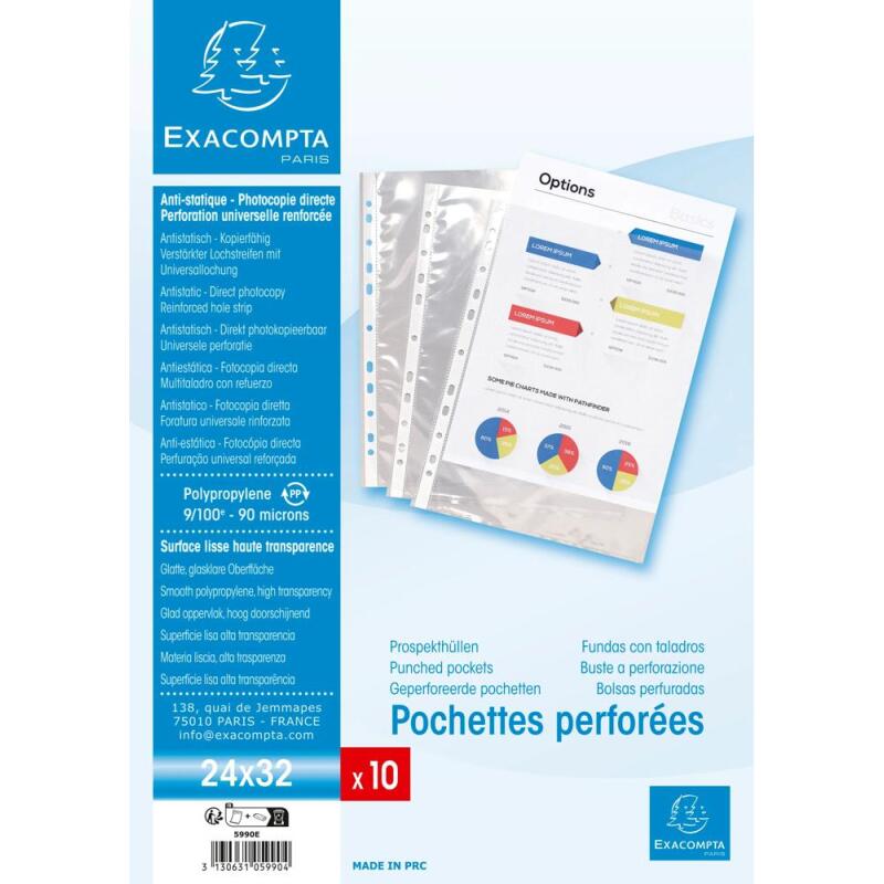 Sachet de 10 pochettes perforées polypropylène lisse haute qualité 9/100e - 24x32cm vertical - Cristal