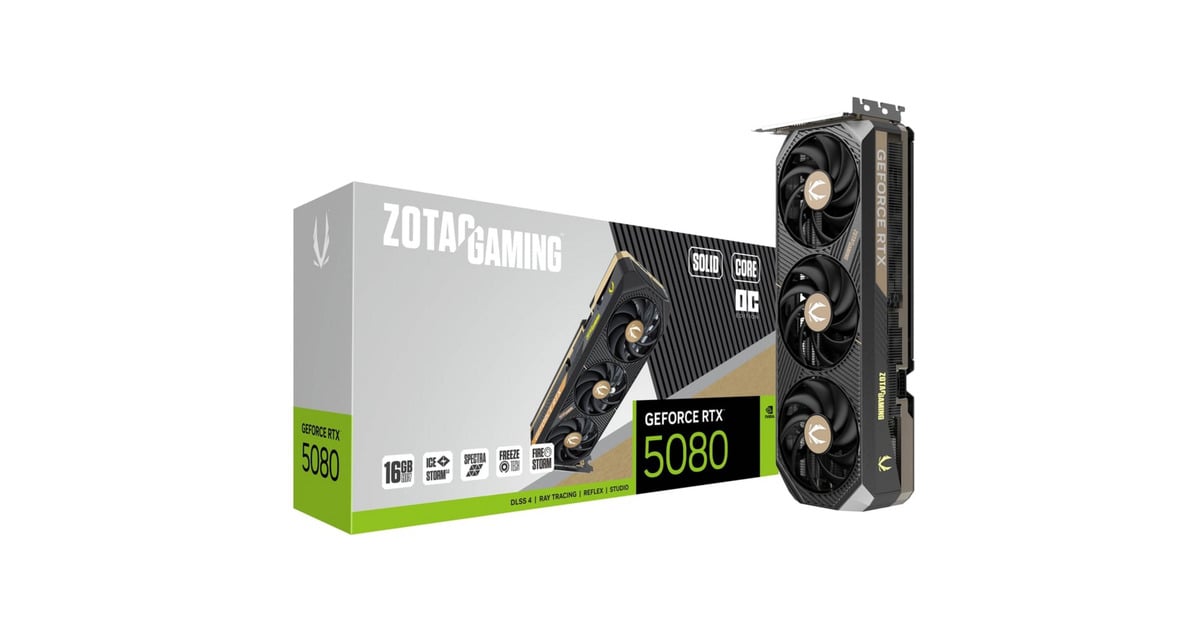 ZOTACGeForce RTX 5080 SOLID CORE OC grafische kaart  (DLSS 4, 3x DisplayPort, 1x HDMI 2.1)