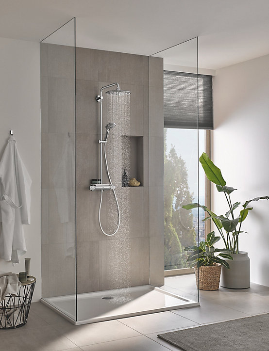 Colonne de douche thermostatique avec pommeau + douchette 3 jets + flexible + barre réglable, chrome, Grohe Vitalio Joy System 260