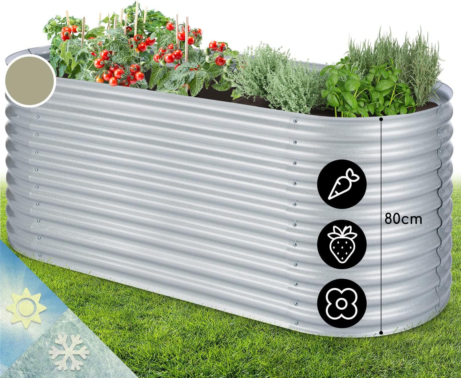blumfeldt Hochbeet aus Metall, Wetterfestes Stahlblech für Balkon & Garten, Rostfreies Oval, Freistehende Hochbeete 200x80x100 cm, 1257L Pflanzkübel Groß für Blumen, Obst, Gemüse