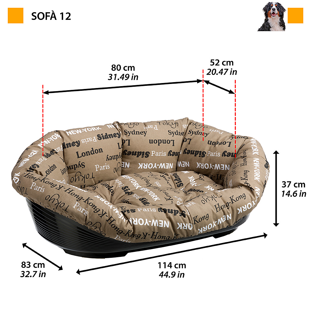 Ferplast panier chien avec coussin sofa' 12 en coton lavable, lit pour chien en plastique rembourré, corbeille en plastique et