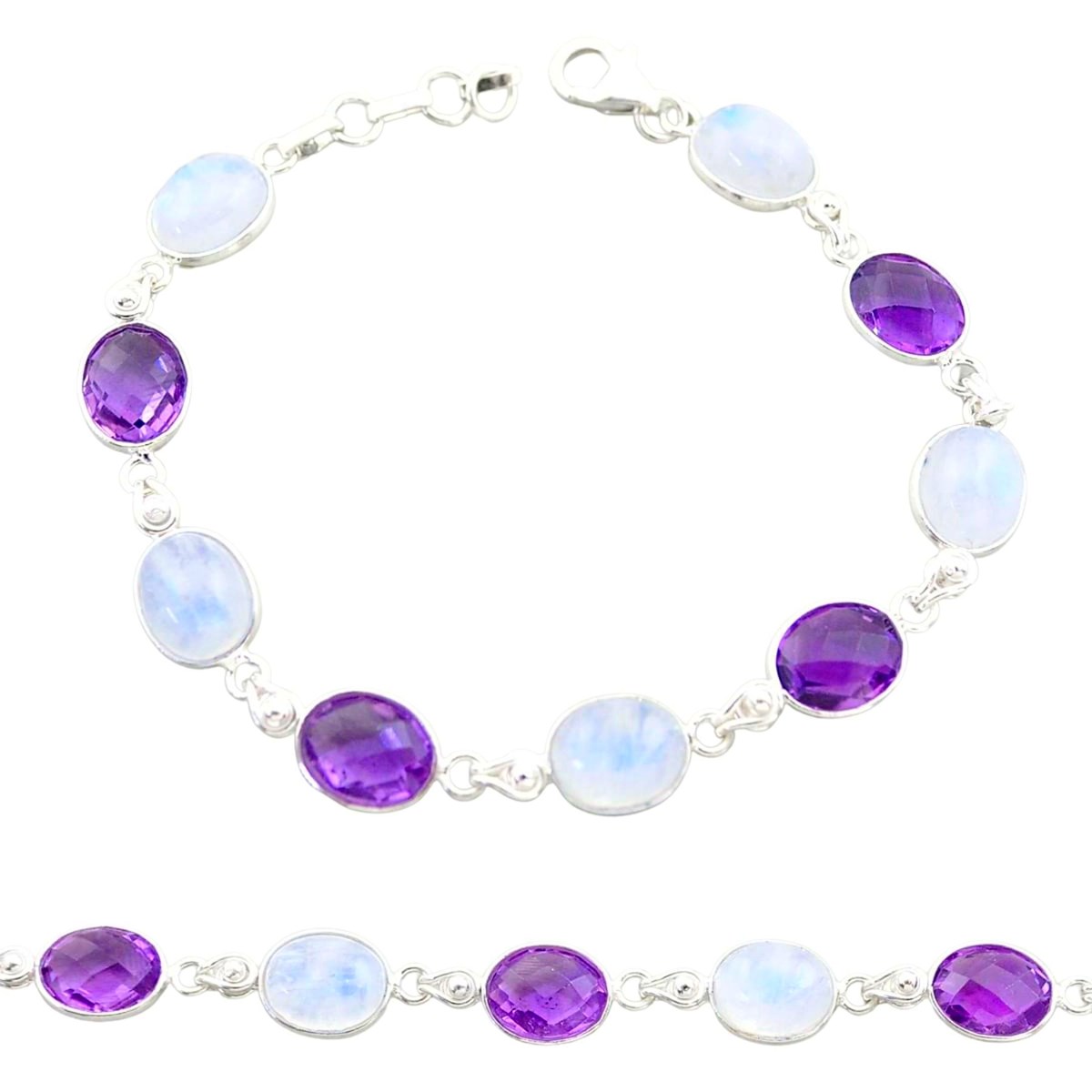 Bracelet en argent et cabochons de labradorite blanche pierre de lune et améthyste 17 - 20cm GXI401