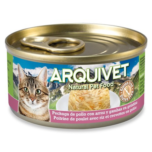 Ração úmida Arquivet para gatos, sabor peito de frango e arroz com camarão.