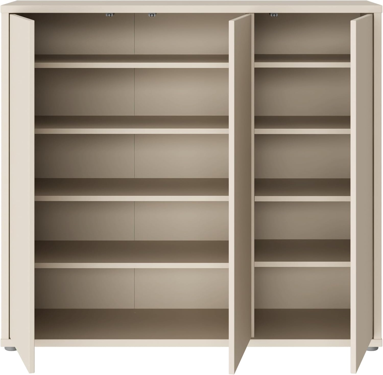 Forte Alice Springs Schuhschrank 100 110, Flurschrank mit 3 Türen und 8 Einlegeböden, Holzwerkstoff, Kaschmir Beige, 109,2 cm breit x 99,1 cm hoch x 34,9 cm tief