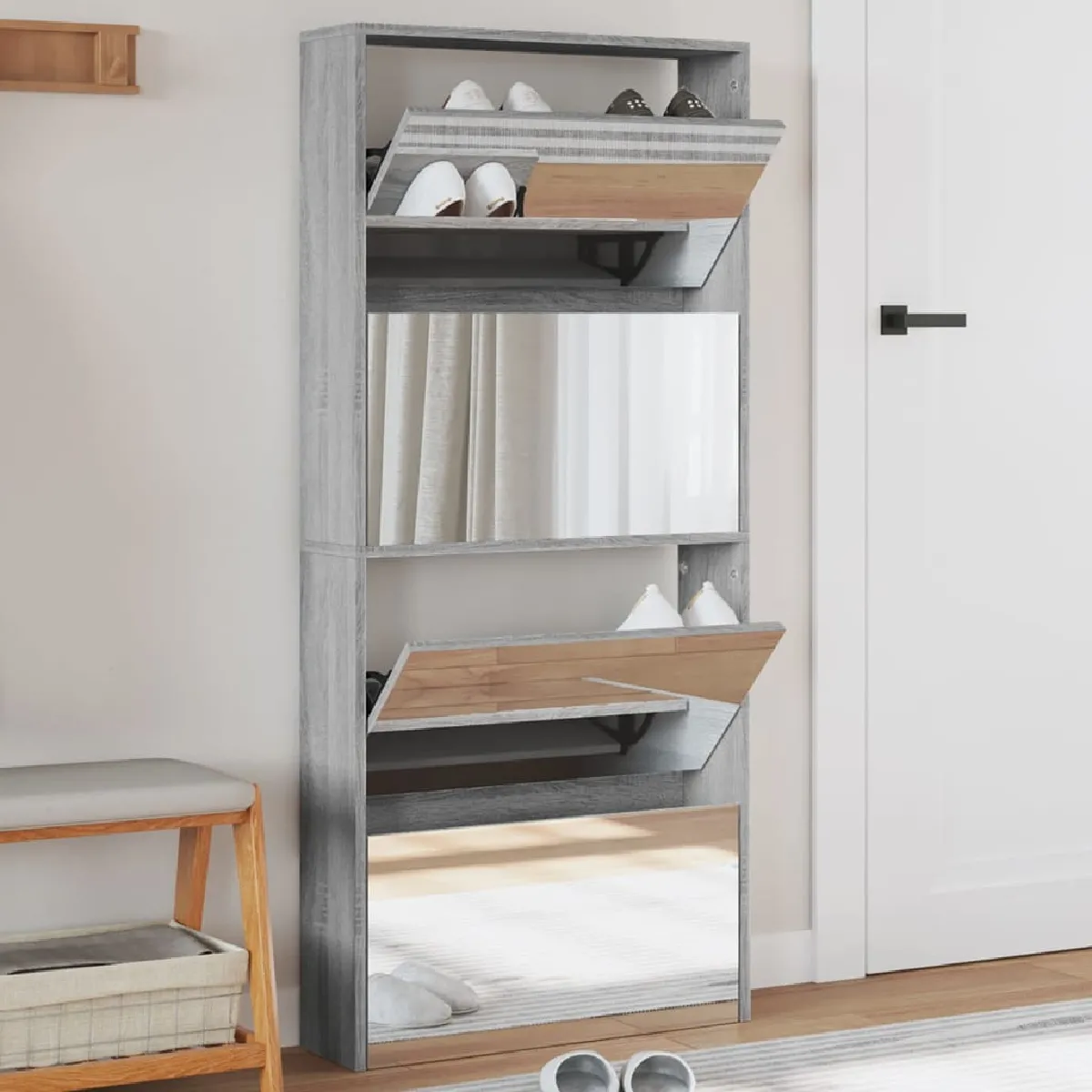 vidaXL Armoire à chaussures miroir - Sonoma gris 63x17x134 cm