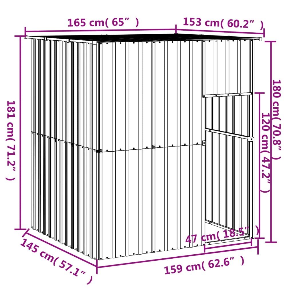 Canil vidaXL com telhado de aço galvanizado, cinza claro, 165x153x181cm