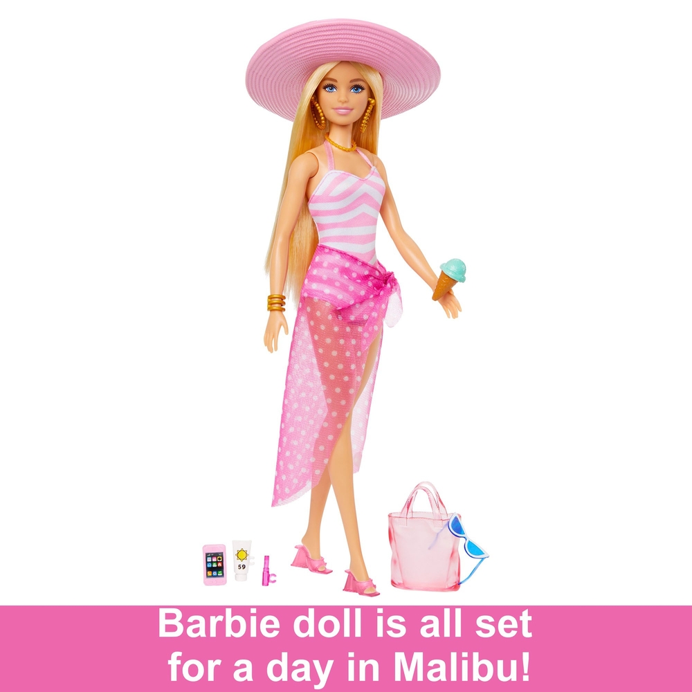 Blonde Barbie-Puppe mit Badeanzug und Strandaccessoires