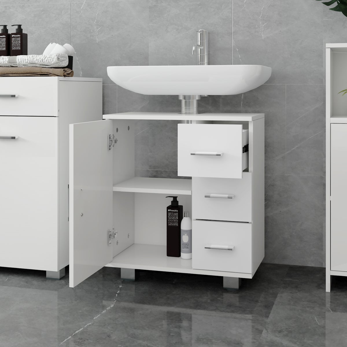 ML-Design wastafelmeubel wit 60x60,8x33cm wastafelkast met deur, 3 lades, veel opbergruimte, wastafelmeubel van MDF-hout, badkamermeubel wastafelmeubel badkamermeubel badkamermeubel