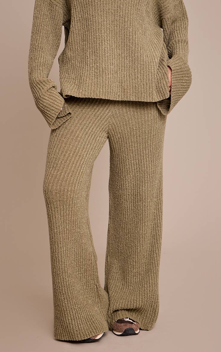 Kaki Pantalon Large En Maille Bouclée Côtelée Grande Taille