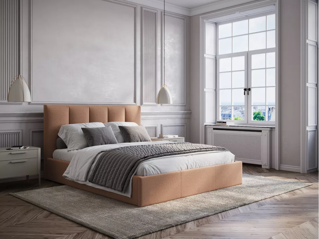 Lit coffre 160 x 200 cm avec tête de lit coutures verticales - Tissu - Terracotta - KILACLO
