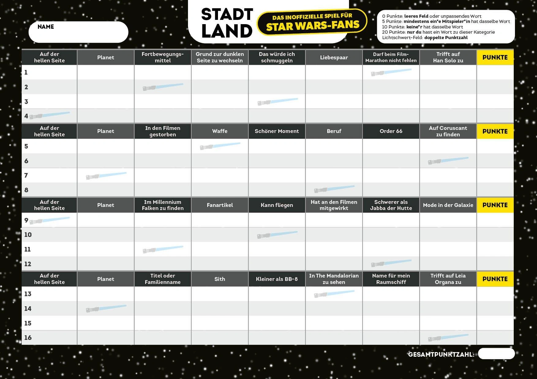 Stadt, Land, das inoffizielle Spiel für Star Wars-Fans - Der Spieleklassiker für alle Fans von Luke, Leia und Rey