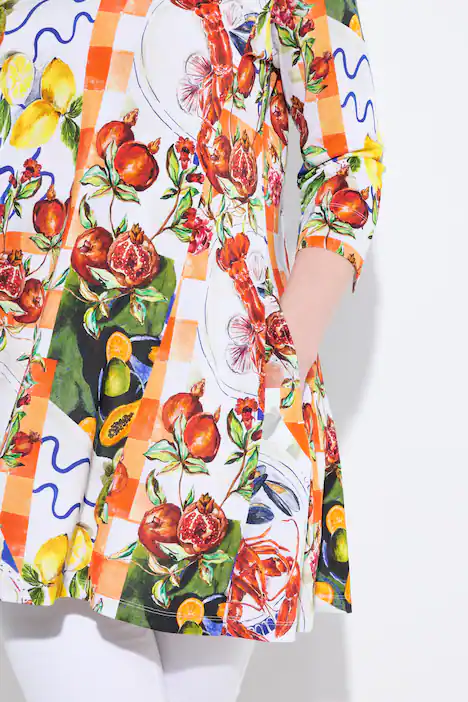 Slinky-Bluse, Food-Design, A-Linie, Stehkragen, 3/4-Arm, kobaltblau