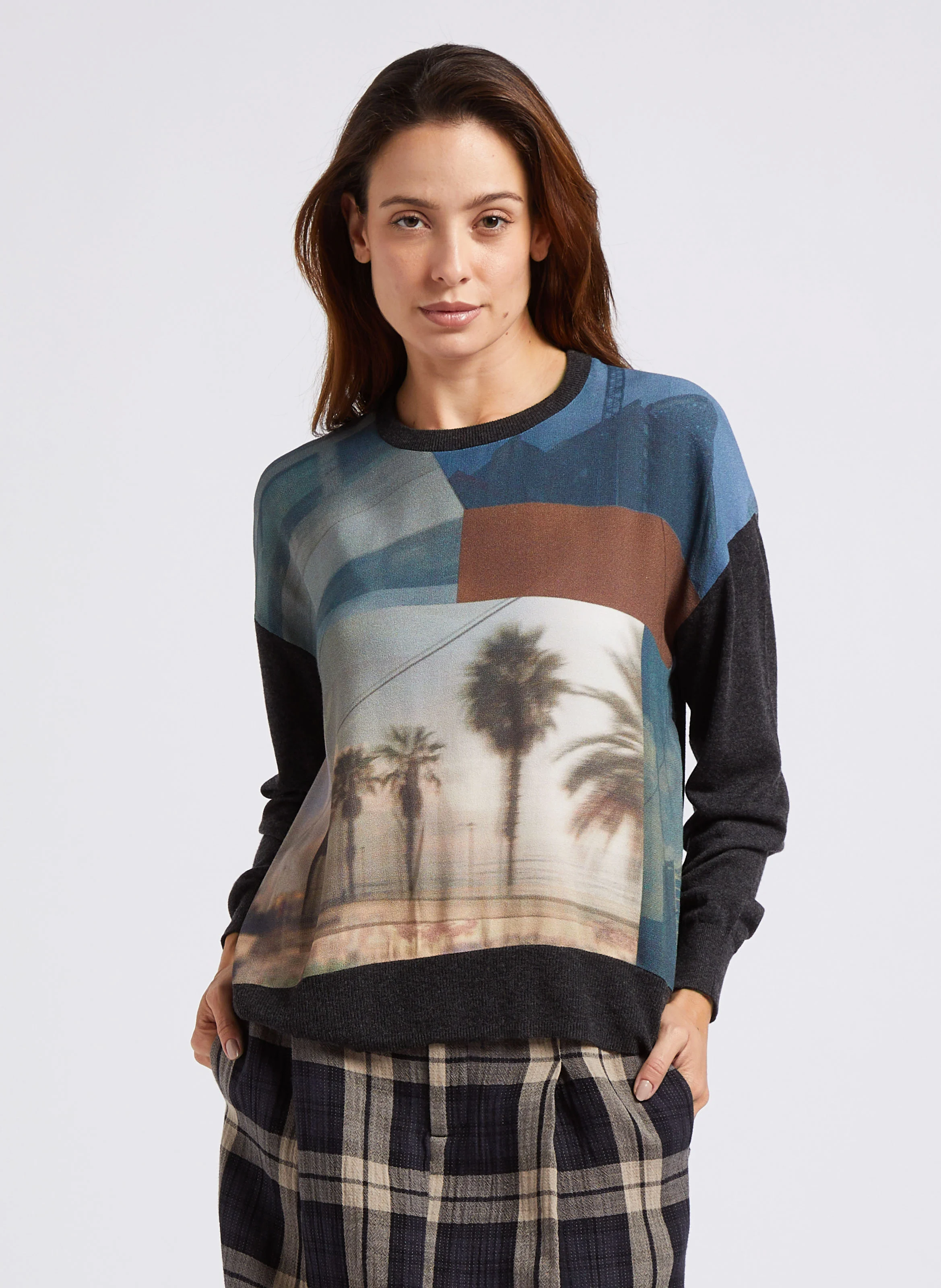 Pull col rond imprimé bi matière| Gris