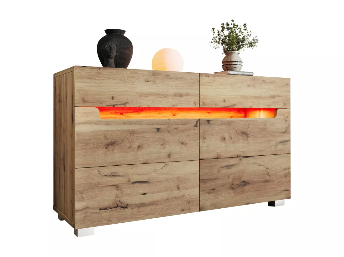 Commode avec LED - 6 tiroirs - effet brillant - Naturel