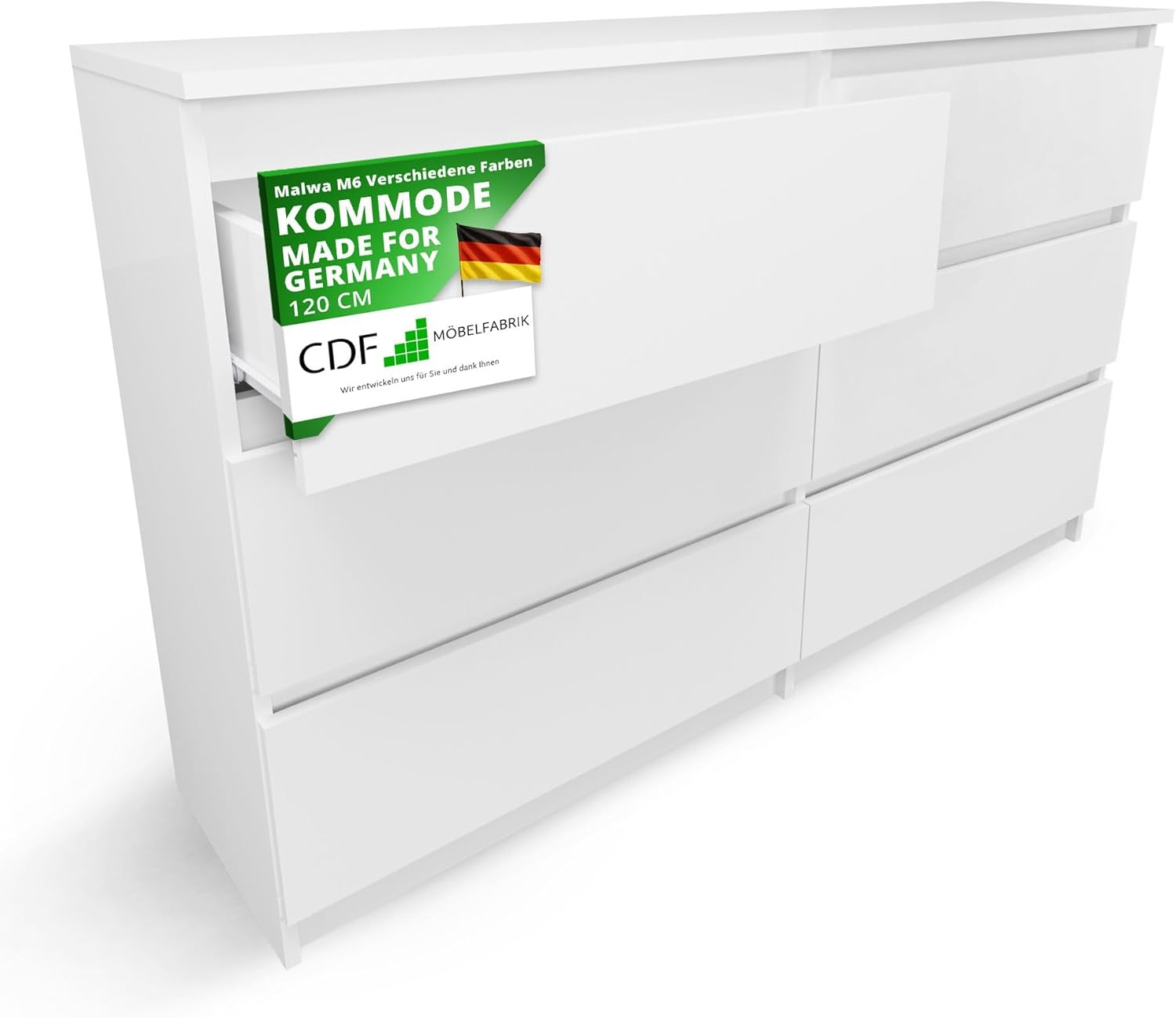 CDF Kommode Weiß mit 6 Schubladen 30 cm Tief Komodenschrank Komode für Wohnzimmer Schlafzimmer Schubladenschrank Malm Kommode viel Stauraum Geeignet Organizer Kleidung 120 cm Breite Modern Look