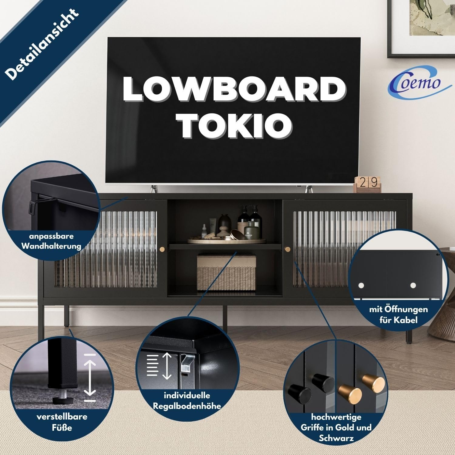 Modernes Sideboard 'Tokio' Schwarz - Praktisches Lowboard für Wohn- oder Schlafzimmer - Metall TV-Schrank mit Regalablage und schiebbaren Glastüren - Kommode für Fernseher, HiFi, Bücher, Dekoration
