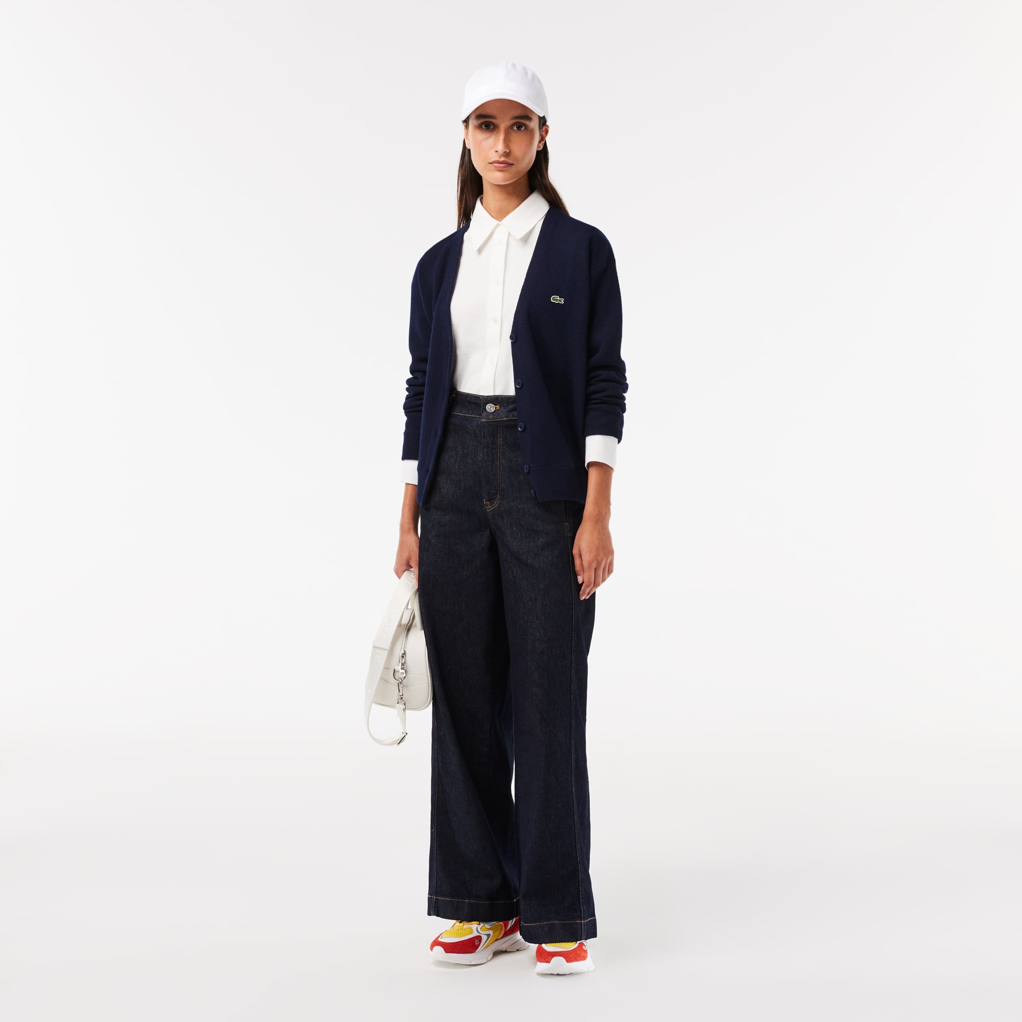 Cardigan femme Lacoste col en V en laine Pullovers - Bleu - Lacoste - Femme