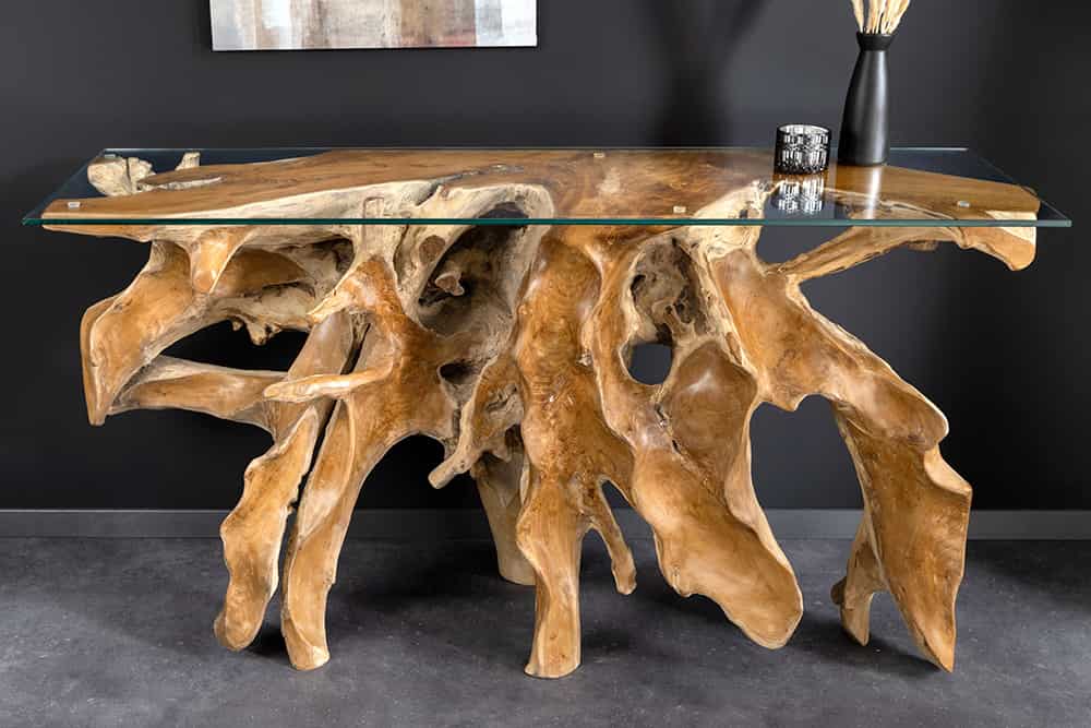 Massiver Konsolentisch ROOT 150cm natur Teak Massivholz aus Wurzelholz Glasplatte