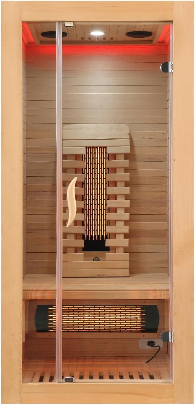SANOTECHNIK Infrarotkabine MALMÖ 1 – 1 Person Infrarotsauna 90×90×190cm | 4 Vollspektrumstrahler + Carbon-Heizplatte, LED-Farblicht, Bluetooth-MP3, 8 mm ESG-Glas – Art.Nr.: SB10090