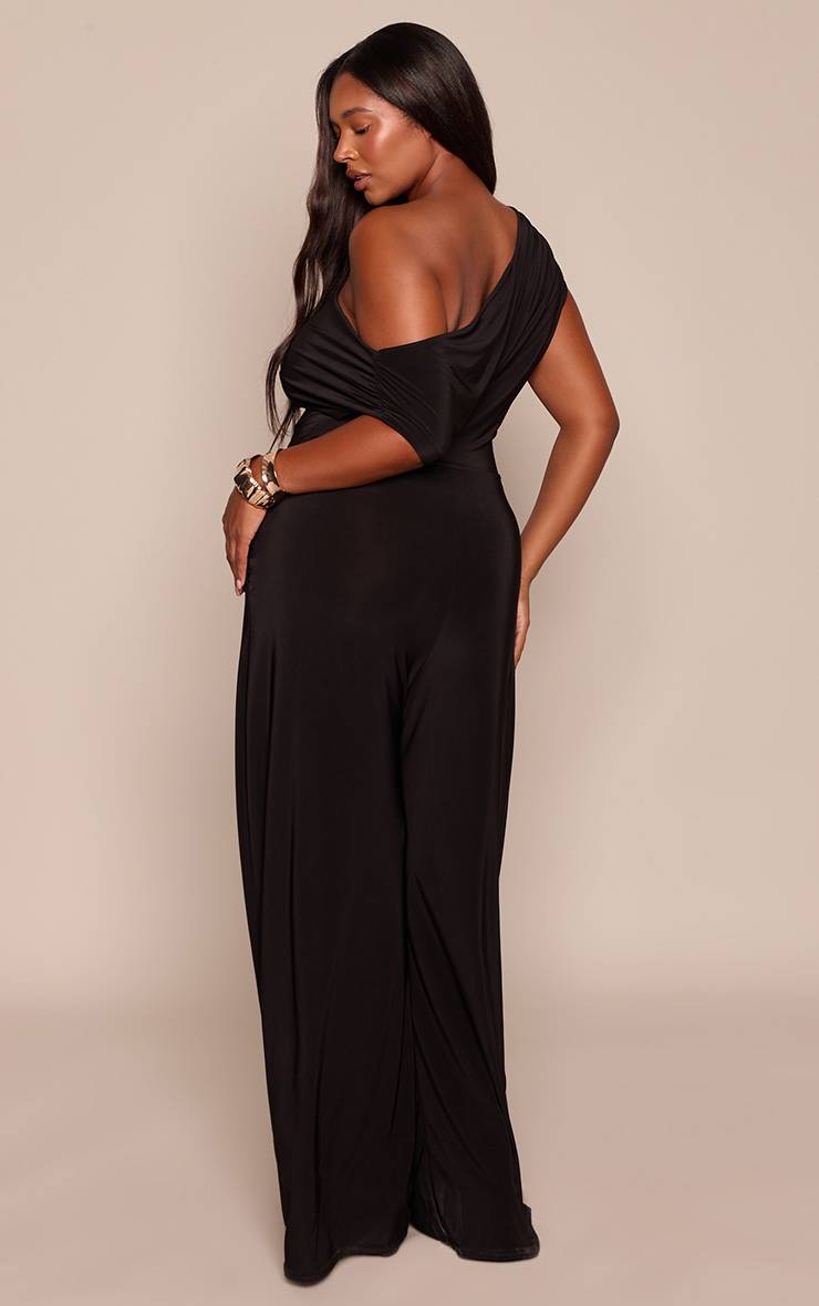 Noir Combinaison Grande Taille Jambe Large Col Asymétrique En Tissu Slinky