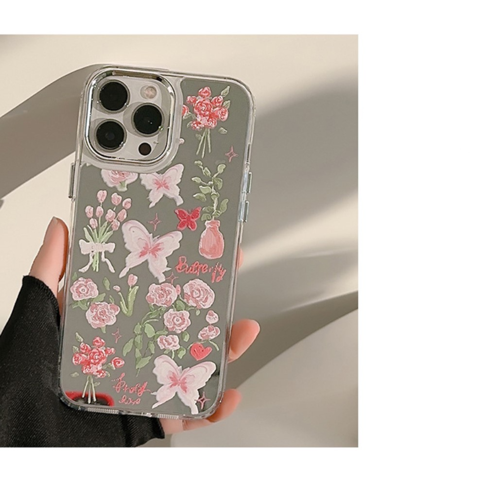 iPhone 14 Pro Galvanisierte Gummi Case Hülle mit Spiegel   Blumen Muster - Silber / Transparent