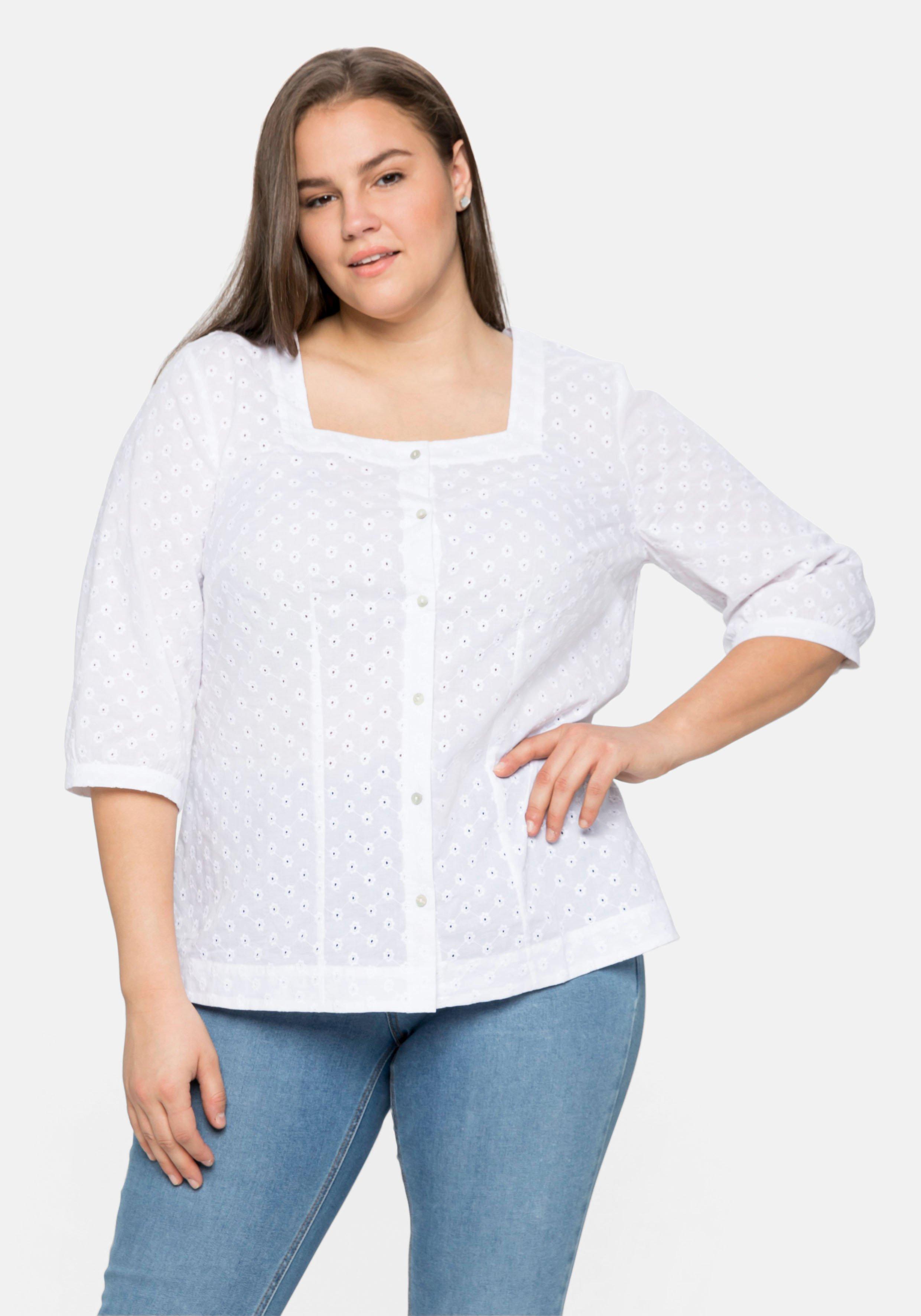 Bluse mit Karree-Ausschnitt und Blumenstickereien