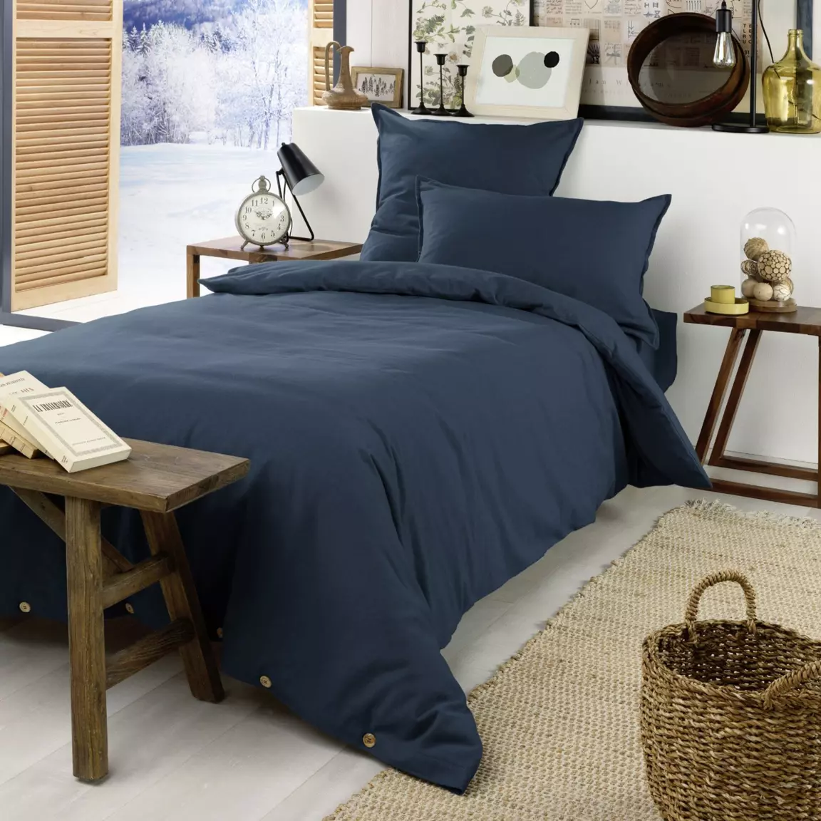 Drap housse flanelle de coton (90 x 190 cm) Théa Bleu nuit