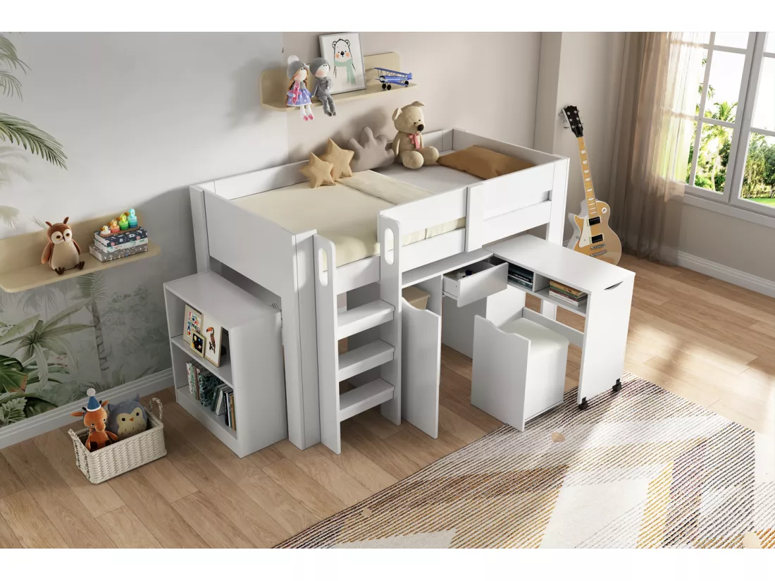 Lit mezzanine 90 x 200 cm avec bureau coulissant, armoire et tabouret - Bois MDF - Blanc (sans matelas)