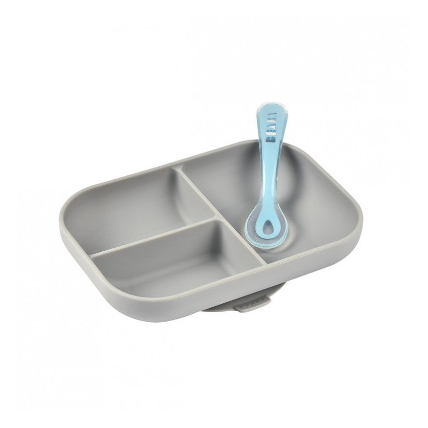 Set repas en silicone avec ventouse - Gris - Ecru
