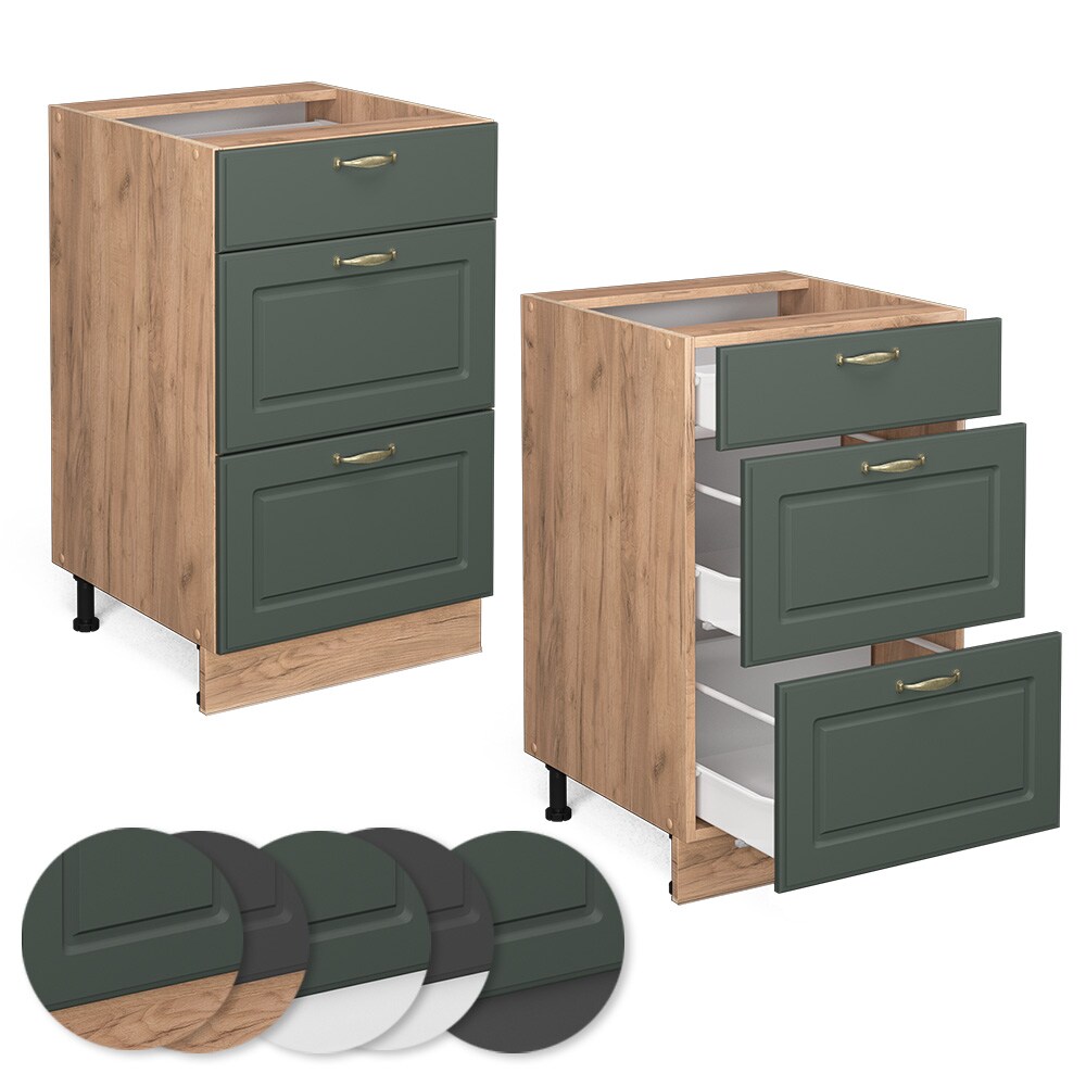 Vicco Schubunterschrank Küchenschrank Küchenmöbel Fame-Line Eiche Grün-Gold Landhaus 50 cm Küche Einbauküche Drehtür Blende Küchenzeile