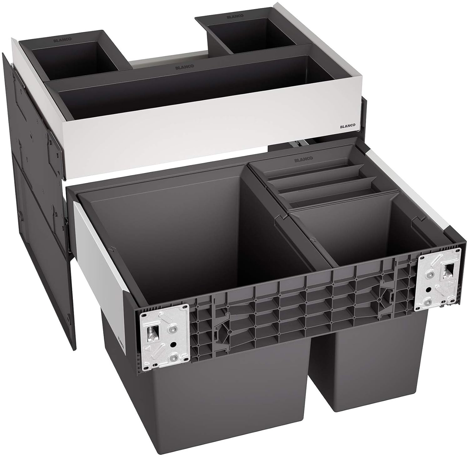 BLANCO SELECT II XL 60/3 | Abfall Müllsystem | für 60 cm breite Unterschränke | Auszugssystem zur Frontanbindung | 1 x 30l und 2 x 8l Eimer 1 x Eimerdeckel 8l | 400mm Auszugstiefe | [56,8x40x36,1cm]